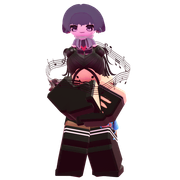 My main avatar, Bella, doing the Chilly emote with 3 plushies on her, a Jane Doe plushie on her head, a Sparkle plushie on her right shoulder, and a Hatsune Miku plushie on the left side of her hip.