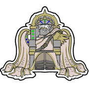 Cardboard cutout of Two X sitting on a throne.